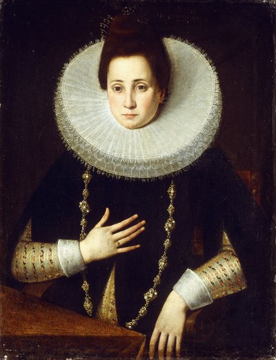 Portret damy, siedzącej do połowy długości, ubranej w czarny kostium z białą kryzą autorstwa Lavinia Fontana