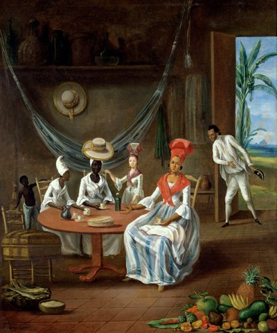 Mulatka ze swoją białą córką odwiedzana przez czarne kobiety w ich domu na Martynice, 1775 autorstwa Le Masurier