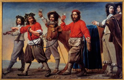 Procesja tłustej wołowiny mówi również o festiwalu wina. Obraz Mistrza Du Cortege Du Belier autorstwa Le Nain Brothers
