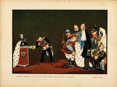 Ilustracja Leal de Camara (1877-1948) w Le Rire, 25.12.09 - Belgia, Europa, Portugalia, Austria, Alkoholizm, Protokół - Wilhelm II, Leopold II, Edward VII, Alfonso XIII, Francois-Joseph 1er d „Austria, sułtan” autorstwa Leal de Camara