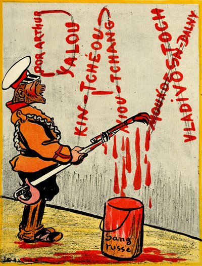 Rosyjski car malujący słowo Pax lub pokój, składa się z nazw przegranych bitew używając rosyjskiej krwi. 1904 (lito) autorstwa Leal de Camara