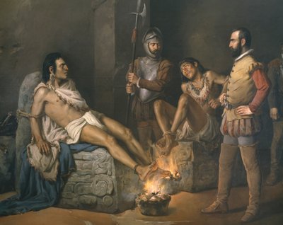 Tortury Cuauhtemoca (1497-1525) 1893 (fragment) (olej na płótnie) autorstwa Leandro Izaguirre