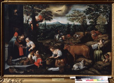 ""Miesiąc czerwiec"" (czerwiec) Praca w gospodarstwie przy zbiorze wiśni i pszenicy. Symbol znaku raka na niebie. Obraz Leandro Bassano da Ponte (1557-1622) 1595-1600 Państwowe Muzeum Sztuki Tula Rosja autorstwa Leandro da Ponte Bassano