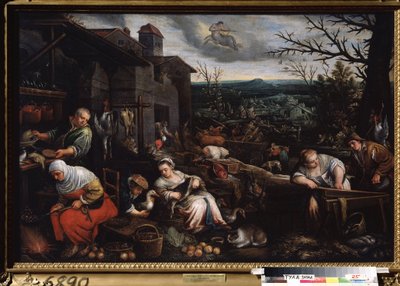 "Miesiąc listopad" (listopad) Kobieta piecze kasztany, inna przygotowuje gęsi. Symbol znaku strzelca na niebie. Obraz Leandro Bassano da Ponte (1557-1622) 1595-1600 Państwowe Muzeum Sztuki Tula Rosja autorstwa Leandro da Ponte Bassano