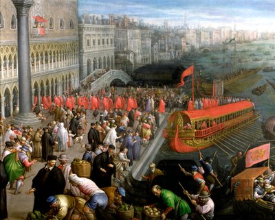 „Riva Degli Schiavoni w Wenecji”, detal, działalność handlowa i odzież w Wenecji autorstwa Leandro da Ponte Bassano