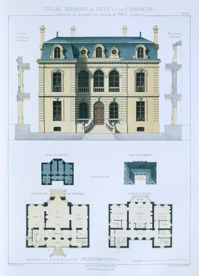 Projekt z „Domy miejskie i wiejskie wzorowane na nowoczesnych domach Paryża”, ok. 1864 r. autorstwa Leblanc