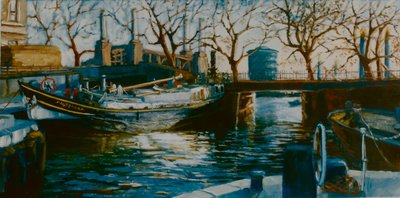 Grosvenor Dock, 2001 (olej na papierze) Łódź zacumowana w doku Tamizy autorstwa Lee Campbell