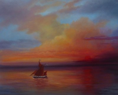 Czerwone żagle - Thames Barge na pełnych żaglach, 2022 (olej na płótnie) autorstwa Lee Campbell