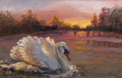 Łabędź o wschodzie słońca, 2016, (olej na papierze) autorstwa Lee Campbell