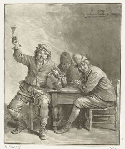 Trzech mężczyzn pali i pije przy stole autorstwa Leendert Brasser (signed by artist)