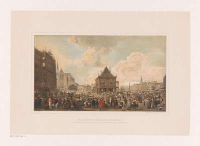 Tama w Amsterdamie z pałacem w budowie Plac Dam z ratuszem w budowie, 1656 (tytuł na obiekcie) autorstwa Leendert Izaac Frederikus Grondijs