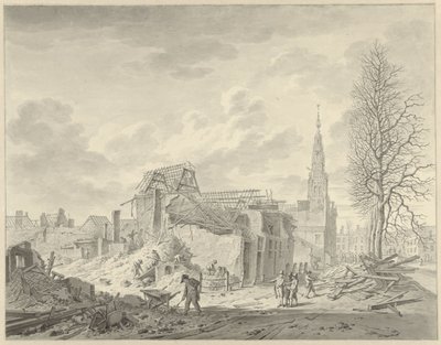 Widok Rapenburga w Lejdzie po katastrofie prochowej z 12 stycznia 1807 r. autorstwa Leendert Overbeek
