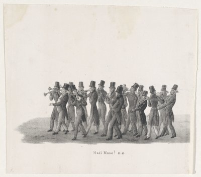 Muzycy w procesji uczniów Leiden, 1835 Witaj Muzo! (tytuł na obiekcie) Indywidualne występy, na które wstępuje H.H. Uczniowie Leidsche Hoogeschool 9 lutego 1835, zamknięte (tytuł serii na obiekcie) autorstwa Leendert Springer (I)