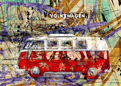 Kolorowe grafiki w stylu retro przedstawiające furgonetki autorstwa Lembayung senja studio [Vintage Poster]