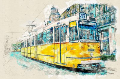 Akwarela przedstawiająca tramwaj miejski autorstwa Lembayung senja studio [Vintage Poster]