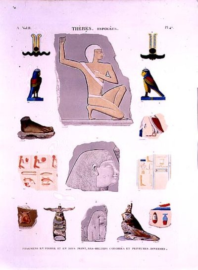 Ant akmens ir medinių fragmentų tapytų reljefų iliustracijos Hipogees, Thebes 47 plokštė iš „Egipto aprašymai“ II tomo, išraižyta LeRoypolio autorstwa Lenoir (after)