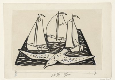 Trzy żaglowce i mewa autorstwa Leo Gestel (signed by artist)