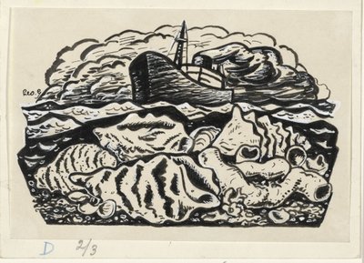 Parowiec na morzu z muszlami na plaży autorstwa Leo Gestel (signed by artist)
