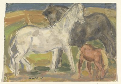 Dwa konie i źrebię w krajobrazie autorstwa Leo Gestel (signed by artist)