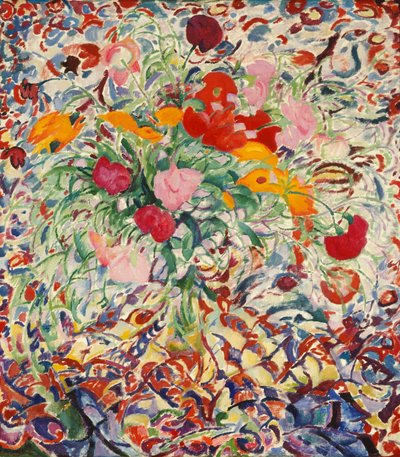 Kwiaty przed kwiecistą tkaniną autorstwa Leo Gestel