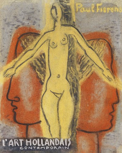 „Naga kobieta między głowami dwóch mężczyzn odwróconych od siebie” (1933) autorstwa Leo Gestela. autorstwa Leo Gestel