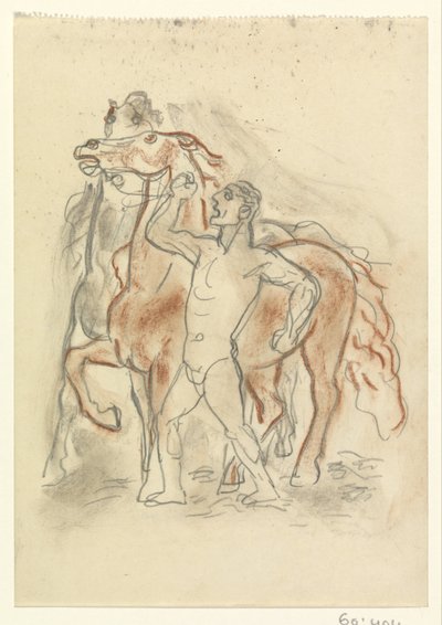 Nagi mężczyzna trzyma w szachu dwa konie autorstwa Leo Gestel