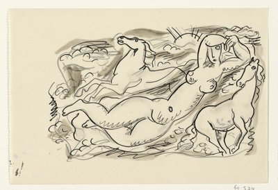 Naga kobieta i dwa konie w morzu autorstwa Leo Gestel