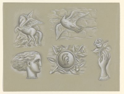 Pegaz, gołąb, głowa kobiety, broń i ręka z różą autorstwa Leo Gestel