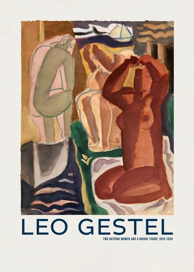 Dwie kąpiące się kobiety i postać na moście autorstwa Leo Gestel