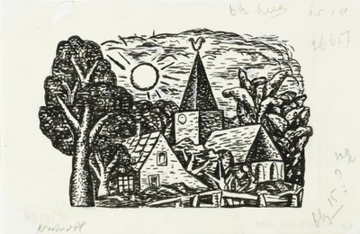Winieta do biografii Gestel autorstwa prof. W. van der Pluym Bez tytułu (Widok wsi z kościołem i słońcem, winieta do biografii Gestel prof. W. van der Pluym) autorstwa Leo Gestel