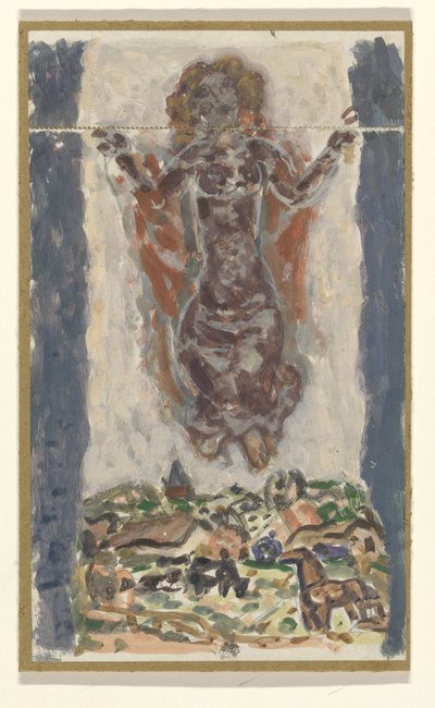 Kobieta z wyciągniętymi ramionami nad krajobrazem autorstwa Leo Gestel