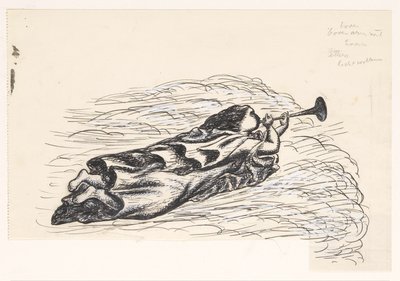 Kobieta z trąbką, unosząca się na chmurach autorstwa Leo Gestel