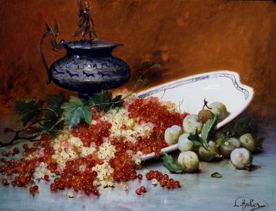Martwa natura z czerwonymi i białymi porzeczkami i zieleniną. Malarstwo Leon-Charles (Leon Charles) Huber (1858-1928) Kolekcja prywatna. autorstwa Leon-Charles Huber
