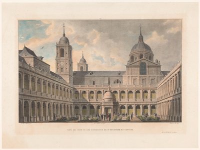 Zicht op de Courtyard of the Evangelists van het Klasztor San Lorenzo de El Escorial Widok na Dziedziniec Ewangelistów Klasztoru R. S. Lorenzo (tytuł na obiekcie) autorstwa Leon Auguste Asselineau