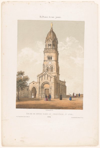 Zicht op de basilica Notre-Dame de Fourvière w Lyonie Kościół Notre-Dame de Fourvières w Lyonie (tytuł na obiekcie) Hedendaags Frankrijk (tytuł serii) Francja dzisiaj (tytuł serii na obiekcie) autorstwa Leon Auguste Asselineau
