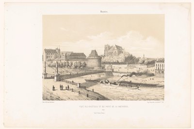 Widok na zamek i Pont de la Rotonde nad Loarą w Nantes Nantes. Vue du chateau et du pont de la Rotonde (tytuł obiektu) Współczesna Francja (tytuł serii) La France de nos jours (tytuł serii) autorstwa Leon Auguste Asselineau