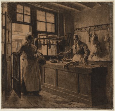 Wnętrze sklepu mięsnego, ok. 1881 r. (węgiel i czarna kreda podkreślone białą kredą) autorstwa Leon Augustin Lhermitte