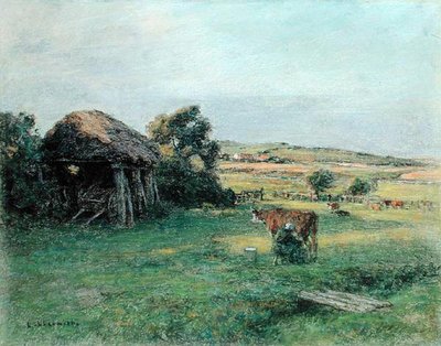 Pejzaż z chłopką dojącą krowę, połowa lat 80. XIX w. (olej na płótnie) autorstwa Leon Augustin Lhermitte