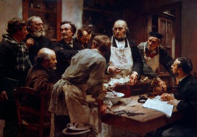 Przebieg sekcji doktora Claude Bernard (1813-1878) (w fartuchu) w obecności jego uczniów Paul Bert (1833-1886) oraz Arsonval