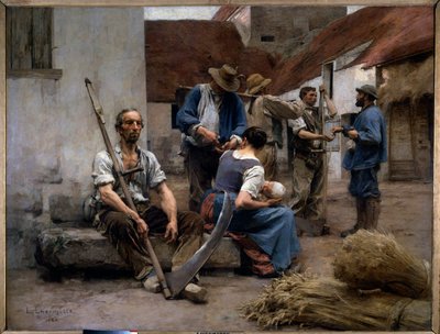 Lista płac chłopskich żniwiarzy na podwórku, jeden z nich ma podróbkę. Obraz Leon Augustin Lhermitte (1844-1925) 1882 Nd. 2,15x2,72 m Paryż, musee d
