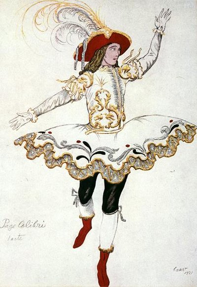 Projekt kostiumu dla The Pageboy of the Fairy Humming Bird, ze Śpiącej Królewny autorstwa Leon Bakst