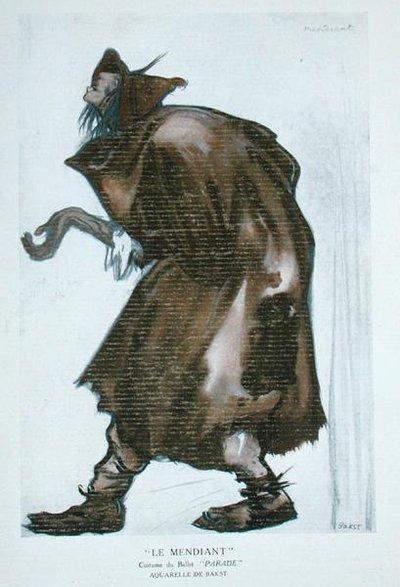 Projekt kostiumu dla żebraka do „Parady” Erika Satie (1866-1925) z programu „Balets Russes” autorstwa Leon Bakst