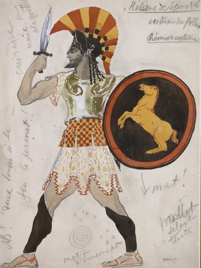 Projekt kostiumu Polluxa w „Hélène de Sparte” (grafit i akwarela ze złotą farbą na złamanym białym papierze) autorstwa Leon Bakst