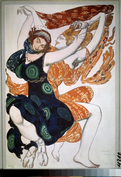 Dwie beotiennes, kostium do baletu „Narcyz” Nikołaja Czerepnina (1873-1945) (Dwa beotienny, projekt kostiumu do baletu Narcyz N. Czerepnina). Rysunek Leona Baksta (1866-1924). Akwarela, gwasz, złoto i srebro na pa autorstwa Leon Bakst