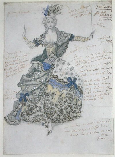 La Belle au Bois Dormant, projekt kostiumu dla „La Fee de Richesse” (akwarela na ołówku podkreślona bielą i złotem na papierze) autorstwa Leon Bakst