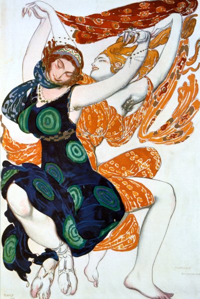Dwie bachantki, projekt kostiumów do baletu rosyjskiego inscenizacji Czerepnin Narcyz, 1911 autorstwa Leon Bakst