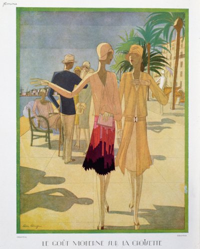 Modni ludzie spacerujący po promenadzie Croisette w Cannes, ilustracja z magazynu „Femina”, Boże Narodzenie 1927 (kolor lito) autorstwa Leon Benigni