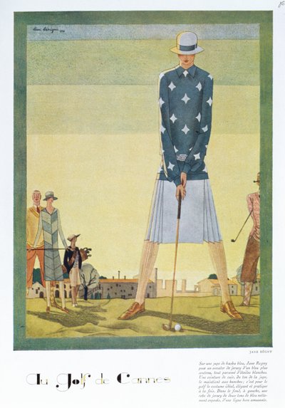 Projekt sukni do golfa autorstwa Jane Regny, tabliczka z modą z magazynu „Femina”, Boże Narodzenie 1926 (kolor litho) autorstwa Leon Benigni