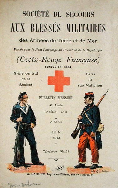 Okładka biuletynu miesięcznego „Societe de Secours aux Blesses Militaires des Armees de Terre et de Mer”, czerwiec 1904 (kolor lito) autorstwa Leon Couturier