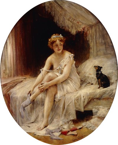 Mała Kobieta zakłada jej pończochy; Petite Femme ubieranka, autorstwa Leon Francois Comerre